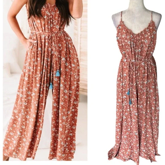 Aakaa Pants Jumpsuits Nwt Aakaa Floral Tie Waist Tassel Wide